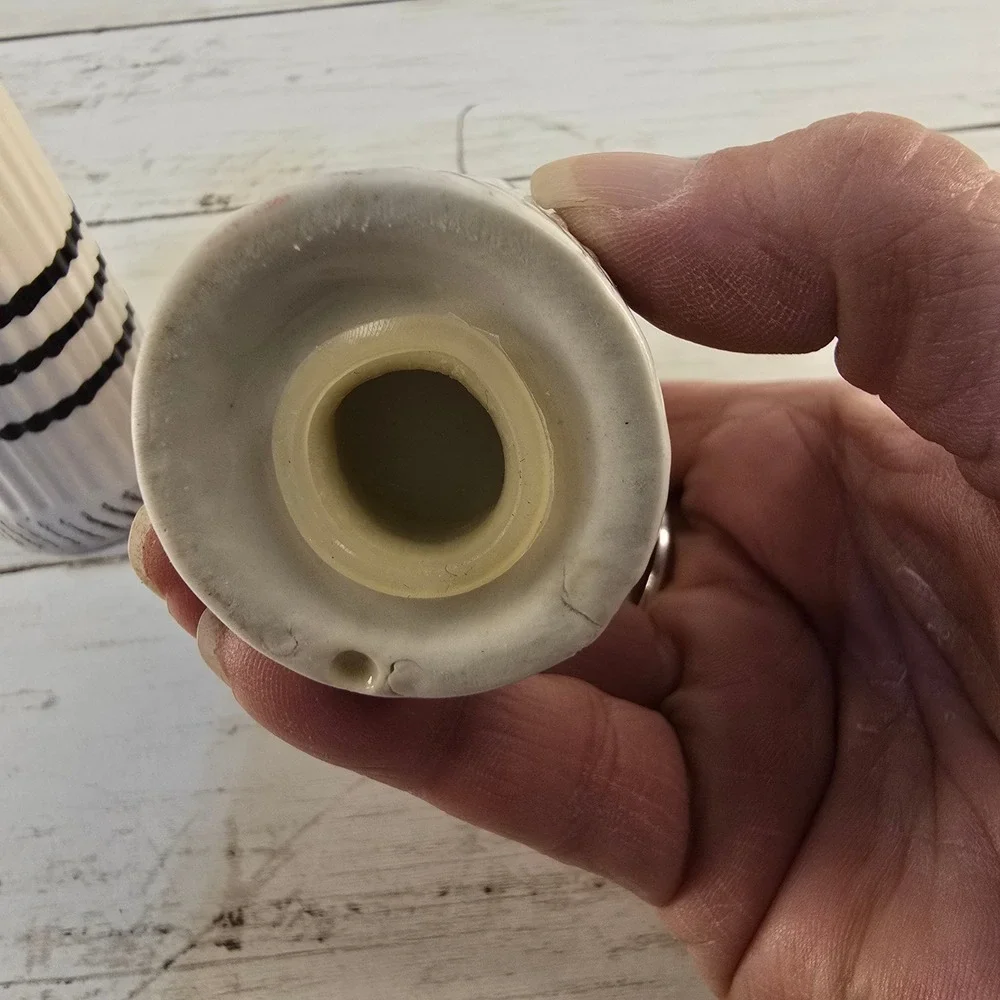 Black and White Striped Ceramic Salt and Pepper Shaker Set Ribbed Modern Decor